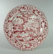 A RARE SWANSEA DILLWYN POTTERY 'LADIES OF LLANGOLLEN' PLATE unusually transfer printed in red,