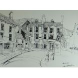 TOM HUTCHINSON monochrome print - study of Aberdare town centre, entitled 'Aberdare', signed fully