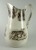 A RARE LLANELLY POTTERY TRANSFER PRINTED ZOOLOGICAL JUG depicting a titled ostrich inside the