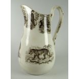 A RARE LLANELLY POTTERY TRANSFER PRINTED ZOOLOGICAL JUG depicting a titled ostrich inside the