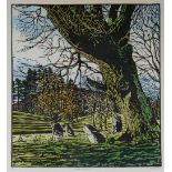 ADRIAN METCALFE limited edition (16/22) coloured woodcut - landscape with neolithic standing