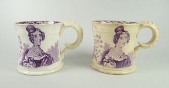 A PAIR OF SWANSEA POTTERY PURPLE TRANSFER PRINTED COMMEMORATIVE MUGS for the crowning of Queen