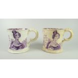 A PAIR OF SWANSEA POTTERY PURPLE TRANSFER PRINTED COMMEMORATIVE MUGS for the crowning of Queen