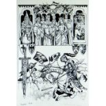 MARGARET JONES pen & ink - Arts & Crafts-style detailed drawing of a jousting competition with a