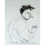 QUINTON WINTER pen & ink - caricature of Dylan Thomas with cigarette & glass, inscribed below 'To