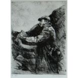 DAVID CARPANINI limited edition (8/10) etching - portrait of Sir Kyffin Williams sketching en pleine