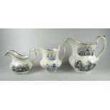 THREE BAKER BEVANS & IRWIN PERIOD SWANSEA POUCH JUGS two of lobed form with moulded scrolling and