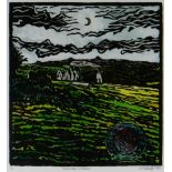 ADRIAN METCALFE colour limited edition (3/10) woodcut - landscape with standing stones entitled '