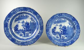 TWO EXAMPLES OF SWANSEA BLUE & WHITE WILLOW POTTERY being a lobed plate 22cms diam and a lobed