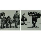 JOSEF HERMAN a pair of limited edition (7/75) prints - one being of three fruit picker figures,