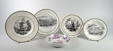 FIVE VARIOUS SWANSEA POTTERY COCKLE DISHES comprising Dillwyn with purple transfer of pheasants