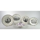 FIVE VARIOUS SWANSEA POTTERY COCKLE DISHES comprising Dillwyn with purple transfer of pheasants