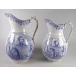 A PAIR OF LLANELLY POTTERY PURPLE TRANSFER COMMEMORATIVE JUGS with sides printed pictorial