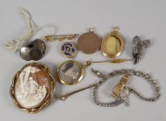 A parcel of mixed jewellery including a cameo brooch with scene of figures in a woodland, two