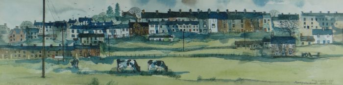 RAY EVANS watercolour - cattle & terraced houses entitled 'Penrhyndeudraeth, Gwynedd', signed &