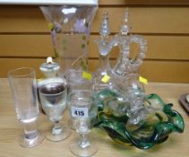 A parcel of glassware including a pair of painted fancy decanters, nineteenth century wine glasses
