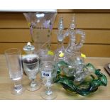 A parcel of glassware including a pair of painted fancy decanters, nineteenth century wine glasses