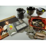 A vintage purse containing coinage & bank notes, an Ewenny pottery mug & a pair of Eisteddfod