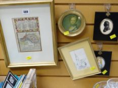 A framed antiquarian map 'The Road From London to St Davids' & a pair of reproduction miniatures & a