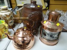 A copper Seahorse trademarked maritime port-side lantern, a copper kettle & a heraldic stoneware