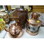 A copper Seahorse trademarked maritime port-side lantern, a copper kettle & a heraldic stoneware