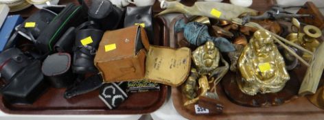 A parcel of metalware, carved Oriental bison & a parcel of old cameras