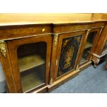 A good antique walnut and marquetry breakfront-credenza, composed of flanking glazed side cabinets &