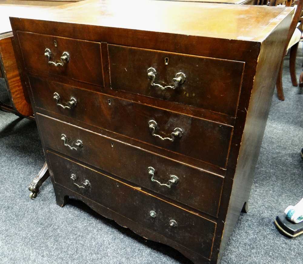 An antique cross-banded mahogany chest of three long & two short drawers, 76cms wide