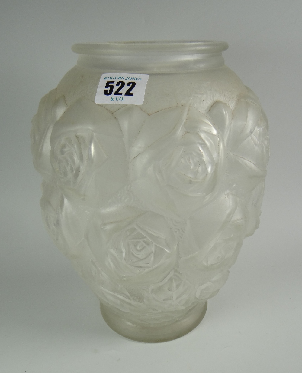 A continental frosted rose moulded baluster vase in the Lalique-style
