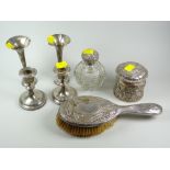 A silver lidded canister, 4.8oz together with a parcel of part-silver items including pair of silver