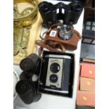 A vintage Halina Anastiget 35X camera, a Brownie Reflex camera in original box & two pairs of old
