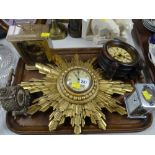 A gilt wood star burst clock & four sundry clocks