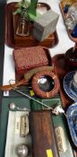 A parcel of vintage items including miniature tin plate sewing machine, desk stands, crumb-scoop