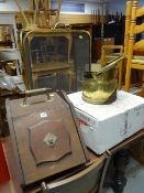 A pedonium brass coal scuttle, box of lighting & a fireguard