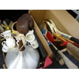 A quantity of old tennis & badminton rackets together with a boxing glove & a box of household