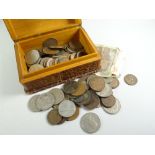 A leather bound lightwood cigarette box with coinage & two bank notes