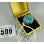 A 15ct gold turquoise floral ring with centre stone