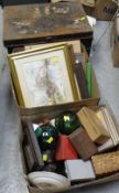Two boxes of mixed items including glass floats, religious items, pottery, wooden boxes, a deed