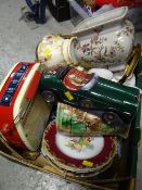 A box of pottery, novelty biscuit tins etc
