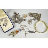 A parcel of mixed jewellery including silver charm-bracelet, 62grms gross, a grouse-foot lucky char