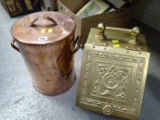 A brass effect heraldic coal box & a riveted copper coal bin with twin handles