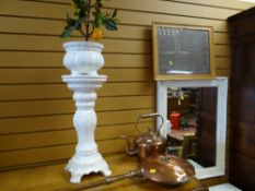 A copper kettle, copper bed warming pan with turned handle & a white pottery jardiniere stand