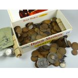 A cigar-box containing a quantity of mainly pre-decimal coinage etc