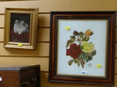 A framed still-life on milk-glass panel, initialled & dated 1913 & a small framed oil painting of