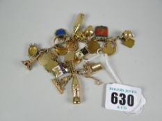 Mainly gold group of charms on a fine bracelet, various hallmarks to include some gold & non gold c