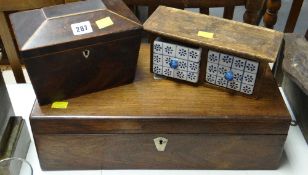 An antique sarcophagus shaped tea caddy, an antique mother of pearl inlaid writing box & a rustic