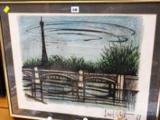 A framed print AFTER BERNARD BUFFET of Paris with the Eiffel Tower, 46 x 60cms together with two