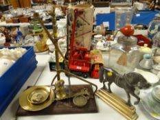 A vintage set of weighing scales, a brass bell weight, a metalwork & brass fireside horse ornament