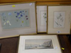 A parcel of framed pictures including three botanical studies, one of which is inscribed to the back