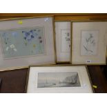 A parcel of framed pictures including three botanical studies, one of which is inscribed to the back